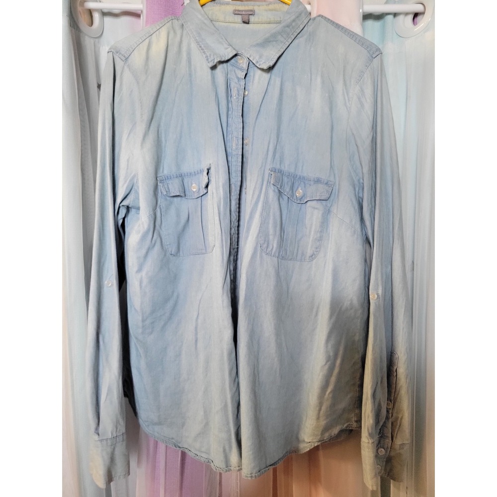 Charlotte Russe Light Wash Denim Distressed Shirt XL Long Sleeve Roll Tab 1103